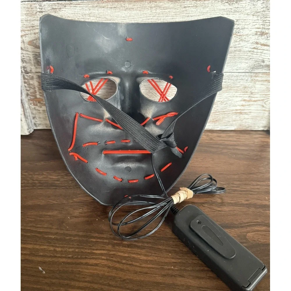 Halloween LED Light Up Mask 3 Modes Costume Rave Cosplay‎ Black w/ Red Stitches